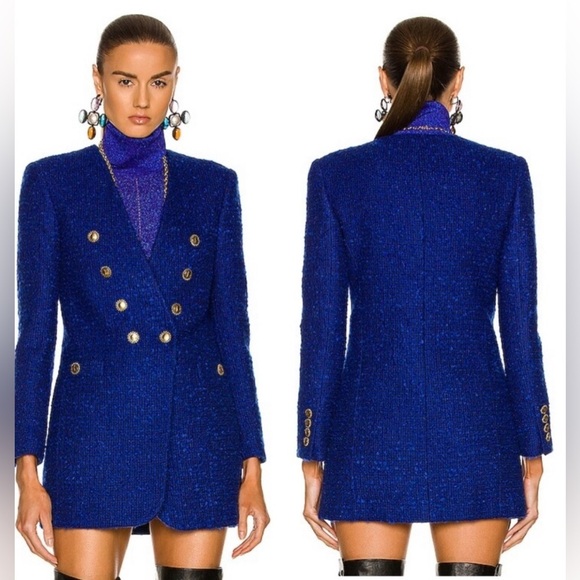 RARE Saint Laurent collarless blue tweed long blazer jacket NWT - Picture 2 of 14